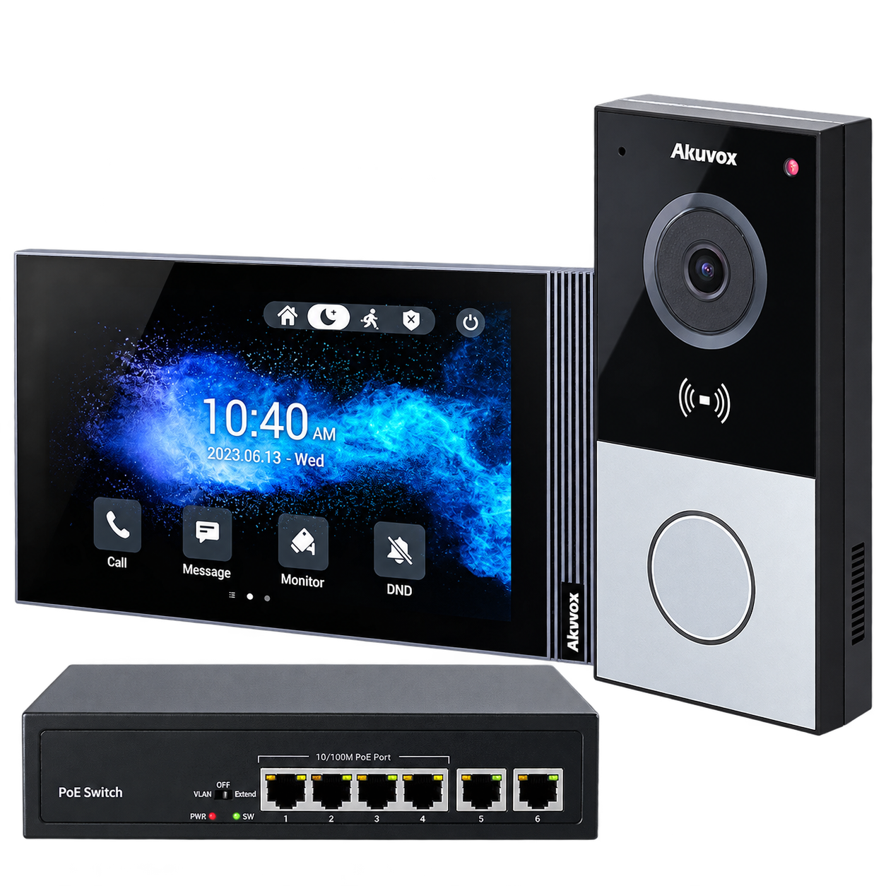 AKUVOX AK-KIT03-IP – Kit visiophone IP connecté avec platine de rue, moniteur intérieur tactile et switch PoE